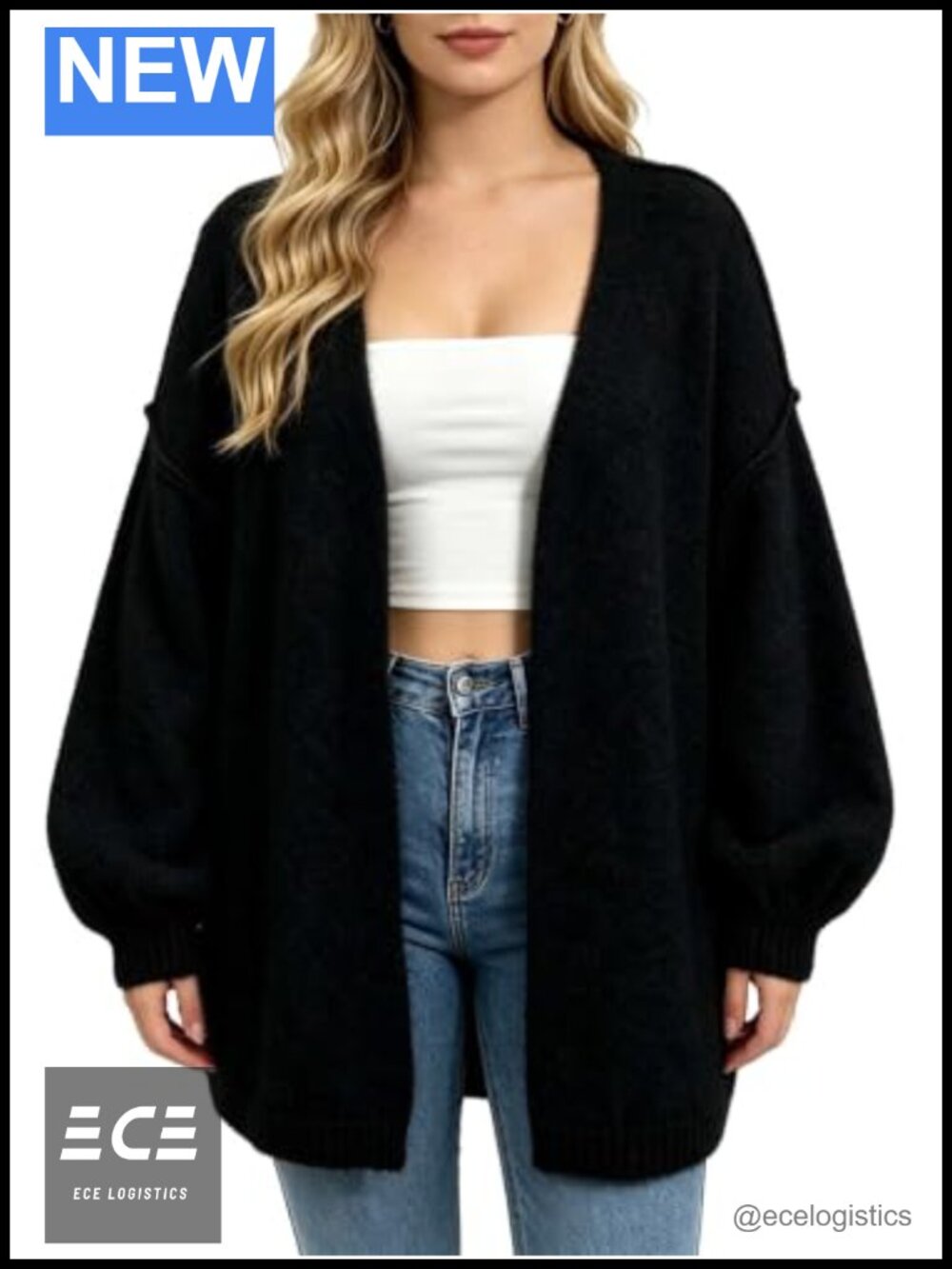 Oversized Open Front Knit Cardigan Lantern Sleeve Lightweight Sweater